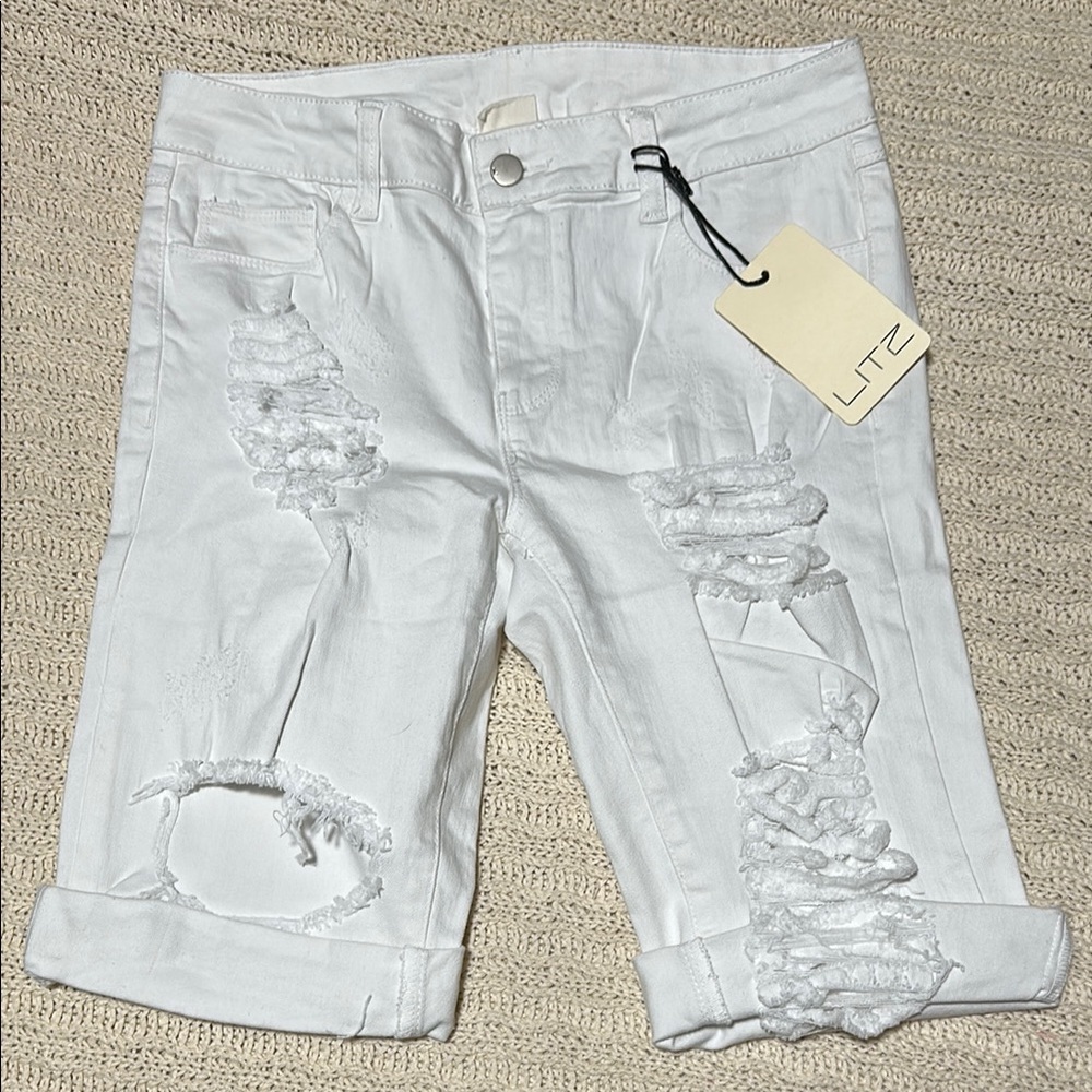 Litz Women's White Distressed Jean Shorts